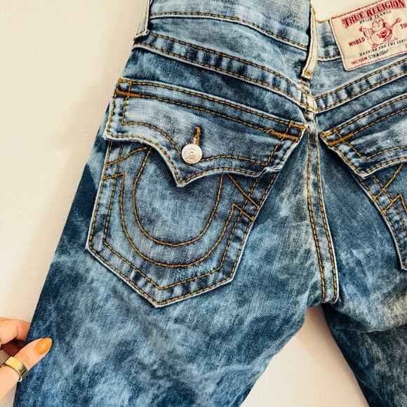 TRUE RELIGION MENS Blue White Acid Wash Relaxed Straight Leg Flap Denim Jeans 29 - Picture 7 of 14